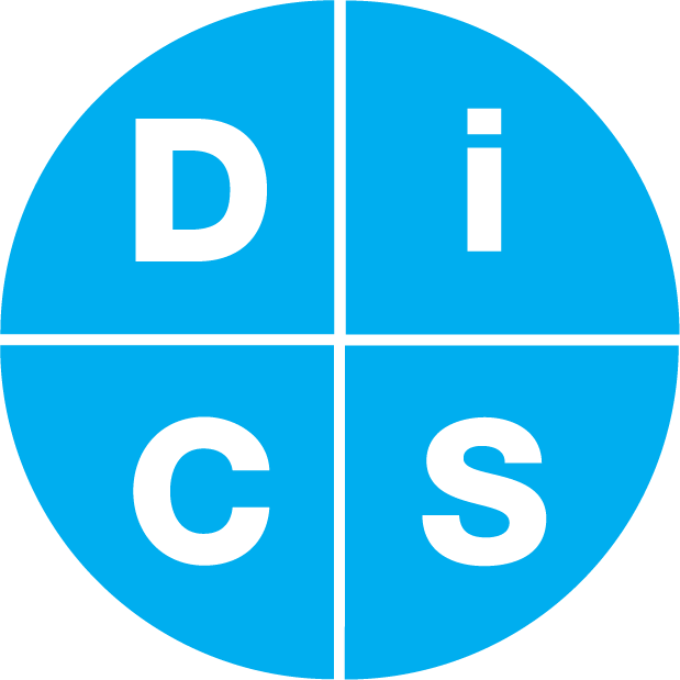 Light blue icon leading with DISC; circle split into four pieces