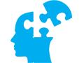 Light blue leading with emotional intelligence icon; puzzle piece to head; side profile