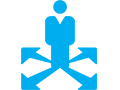 light blue taking charge icon; person standing on arrows that are pointing outward