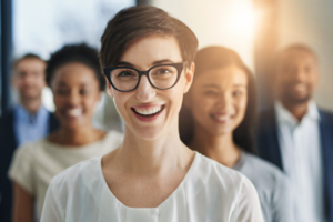 Young woman with glasses smiling with smiling co-workers standing behind her
