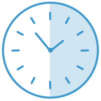 simple graphic of a clock, with one side shaded blue and the other white to highlight a half day
