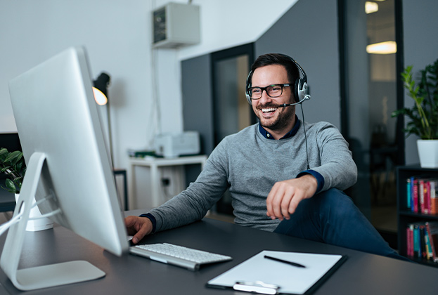 casual businessman talking online via headset