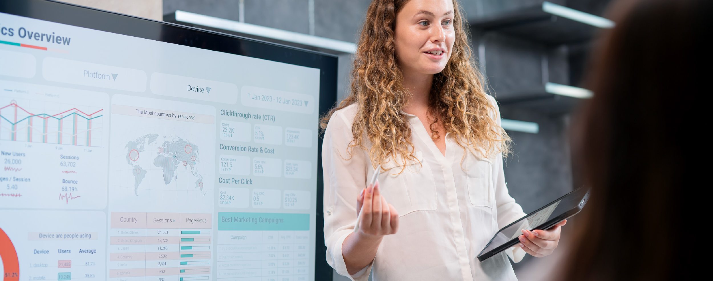 A woman speaking and leading a presentation.